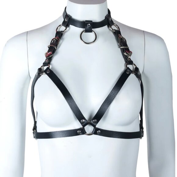 Cyberdog Black Faux Leather Harness with Silver Heart Hardware - Picture 1 of 5